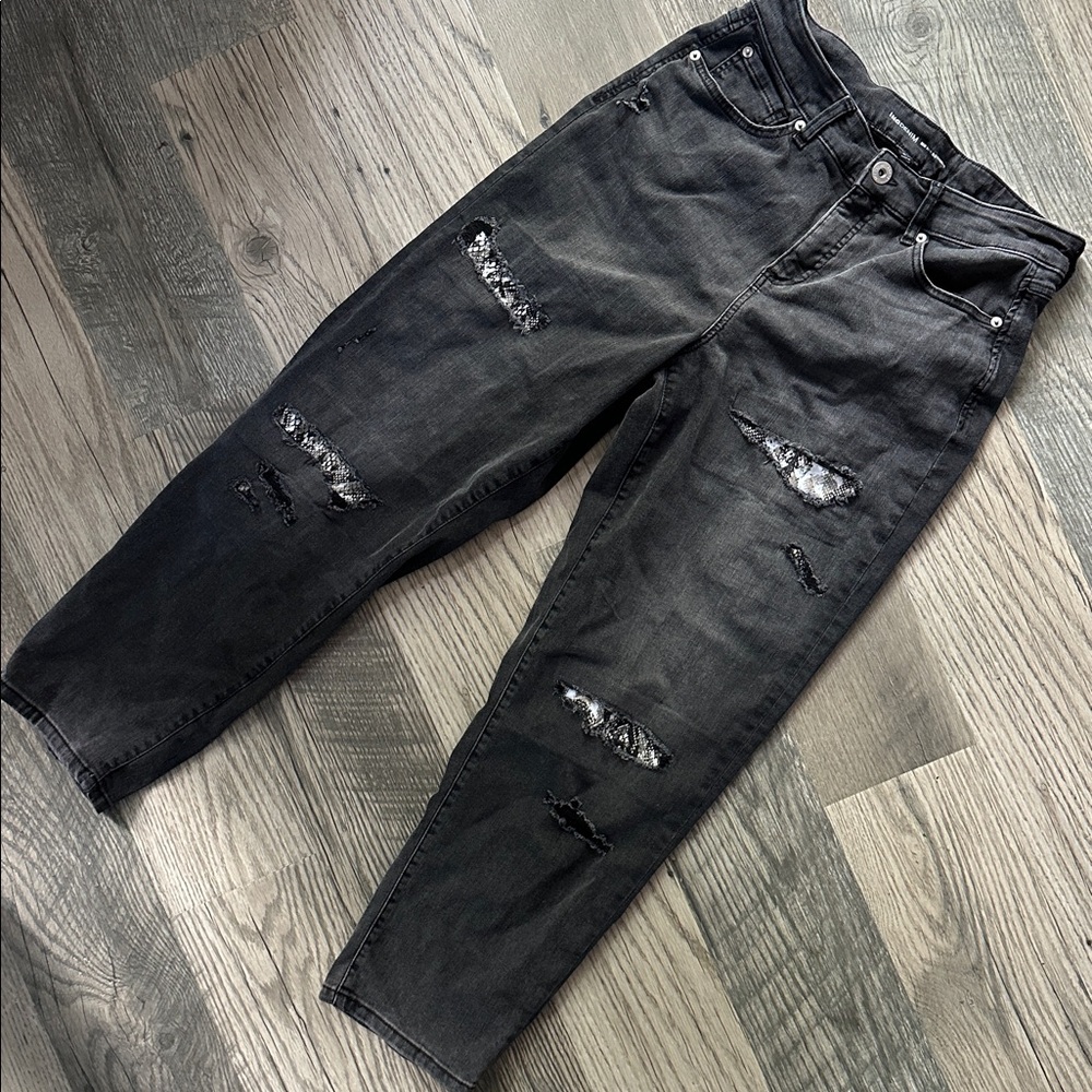 INC Denim mid rise boyfriend Distressed Black Jeans women’s size 12‎